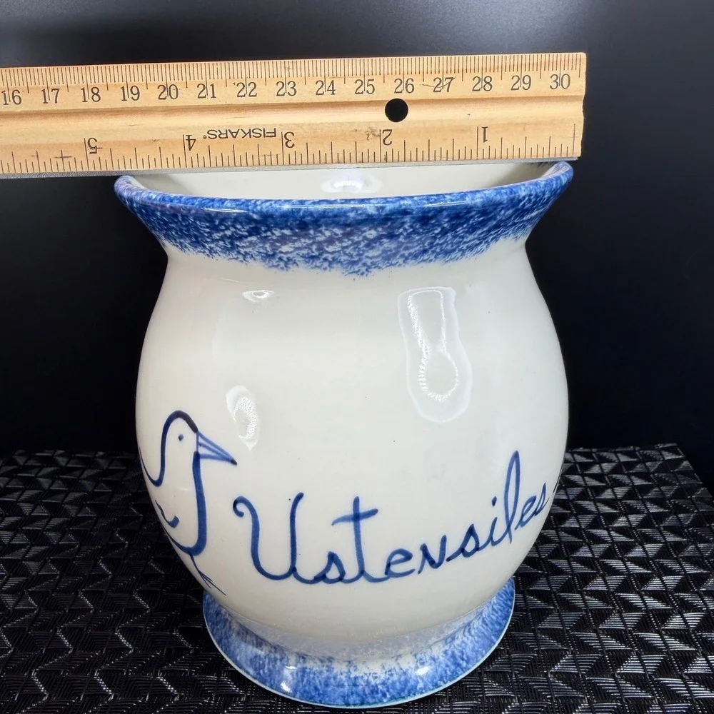 Lebeau et Weilbrenner Poterie Ceramic Utensil Crock Blue White Bird Ustensiles